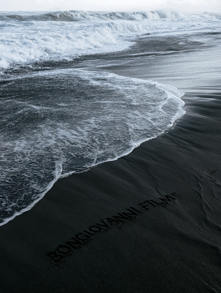 Black sand beach with waves and Bongiovanni Films title